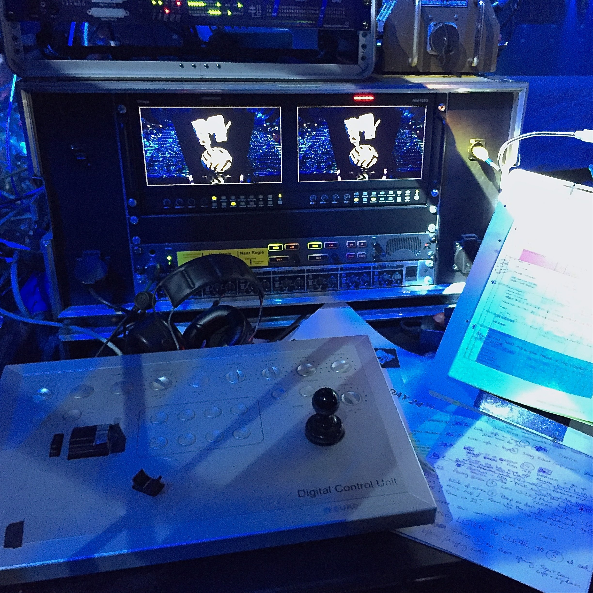 Jimmy Jib remote head control panel and monitors during a live broadcast