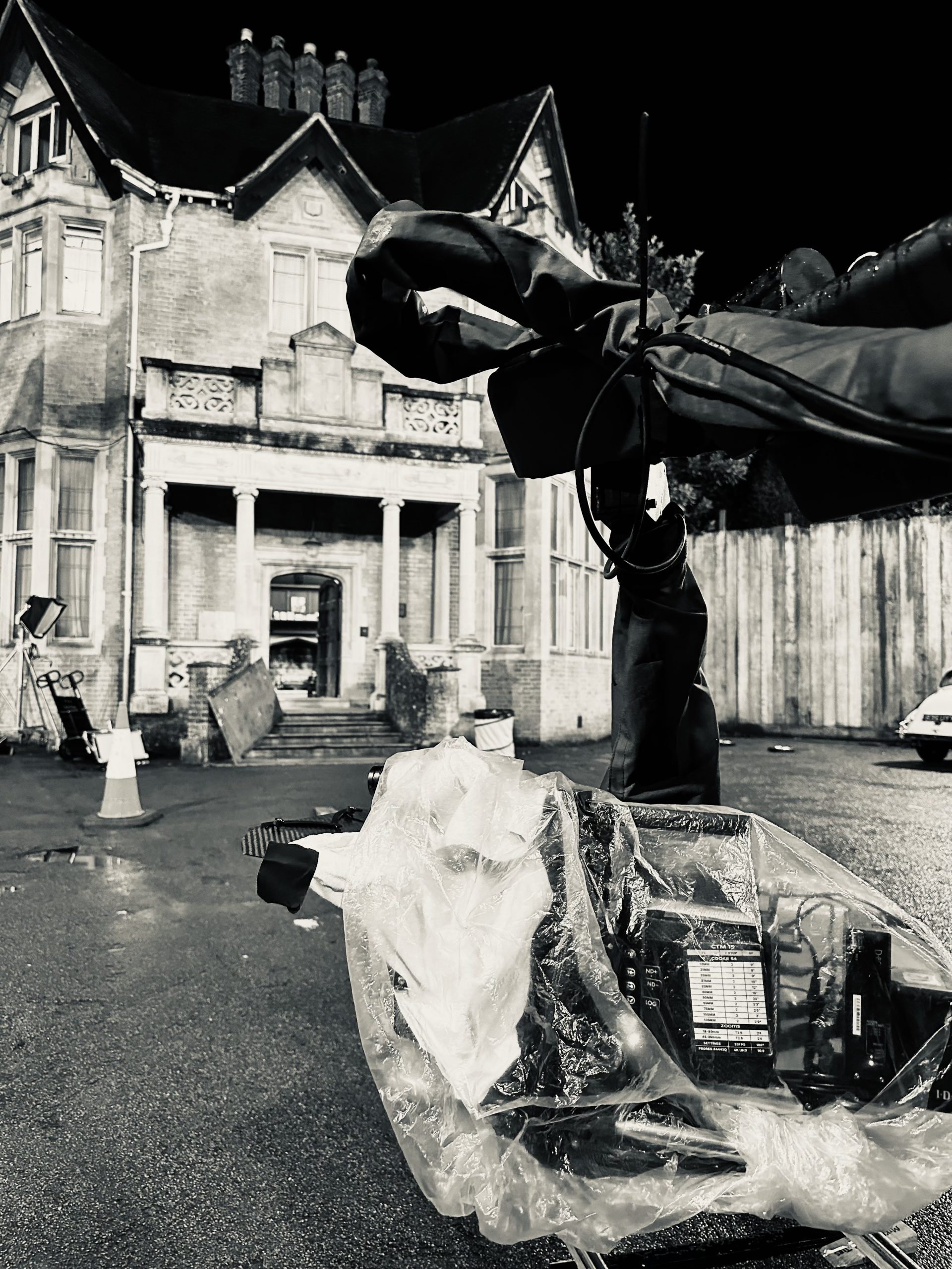 Camera under a rain cover in front of Nonnatus House