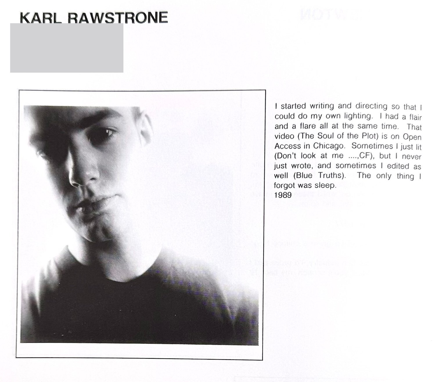 Karl Rawstrone's page in the 1989 degree show yearbook