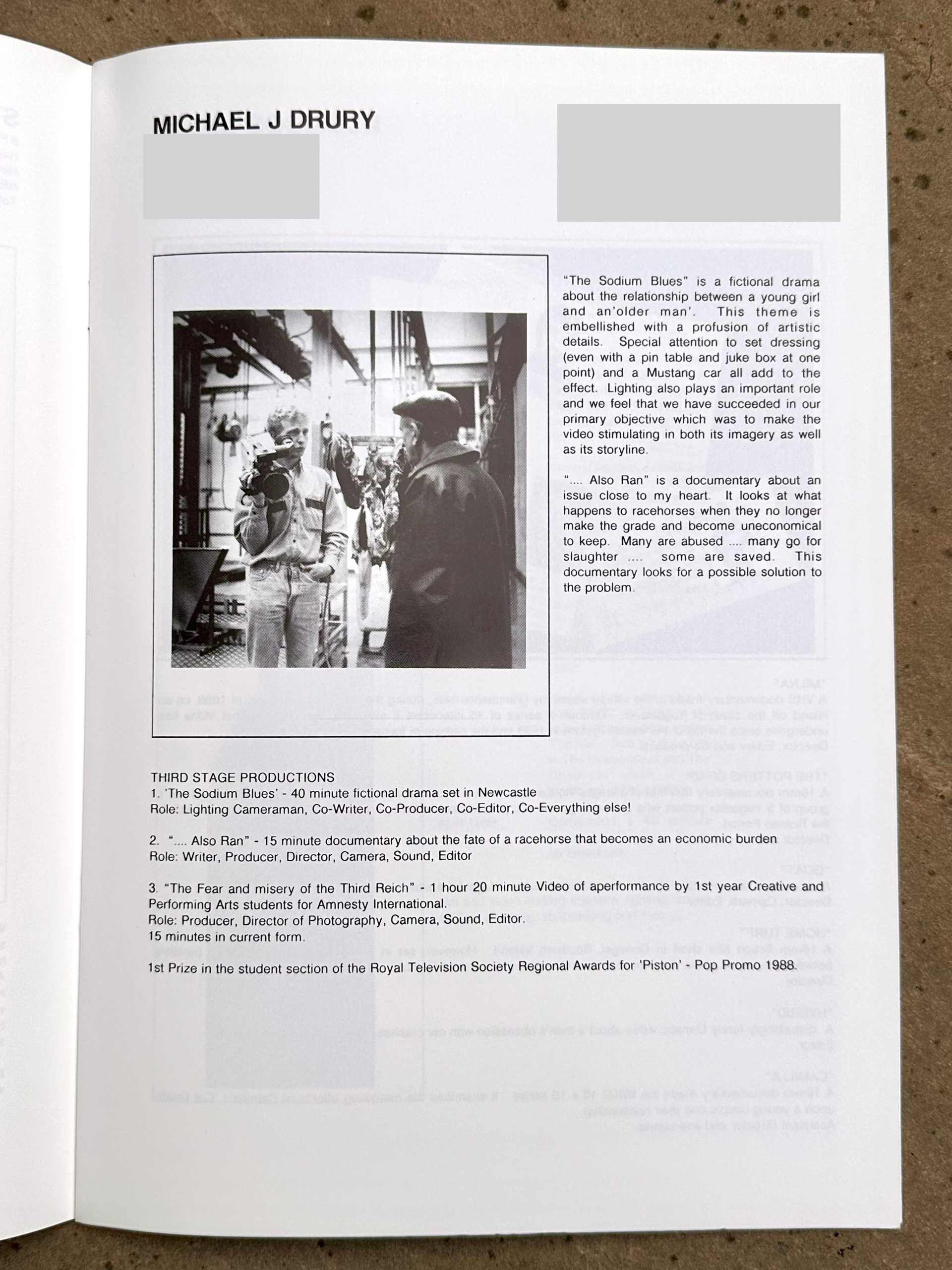 Mike Drury's page in the 1989 degree show yearbook